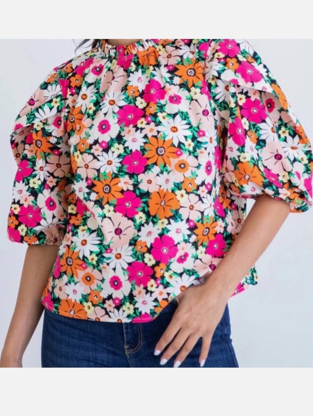 Karlie Floral Puff-Sleeve Blouse in Pink, Orange & Cream - Picture 5 of 5